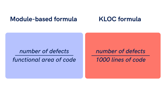 Formula for calculating dfect density. Number of defects per functional area of code and number of defects per one thousand lines of code.